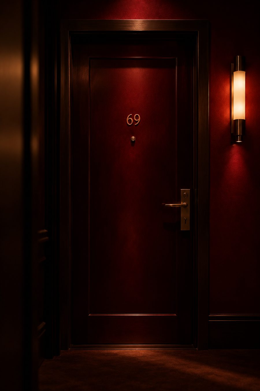 Двері з номером 69 і неоновим написом Red Room, з-під них пробивається червоне світло